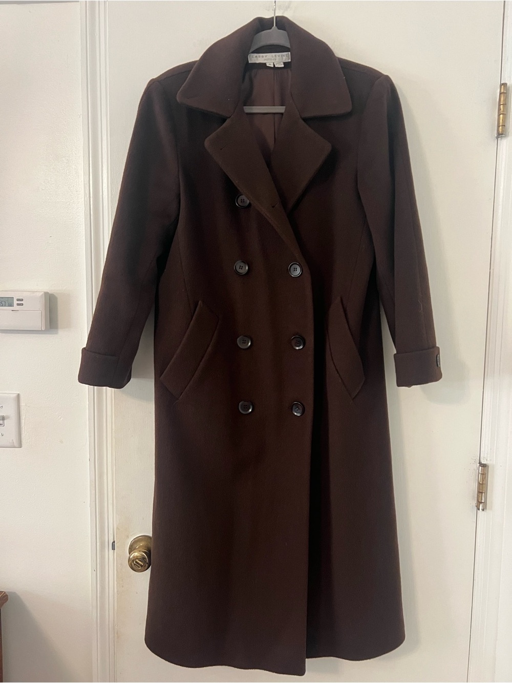 Larry Levine vintage Double-Breasted Long Wool Coat Dark Brown size 4P